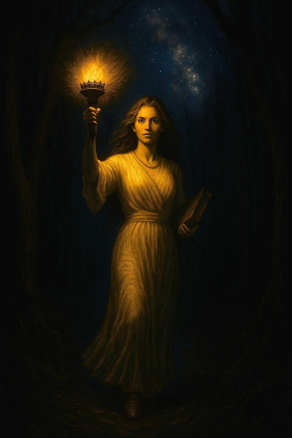 Lady Wisdom shining her light through the darkness of the deep scary forest that represents confusion and fear